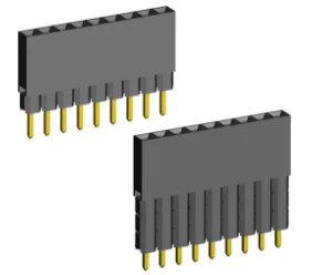 2.54mm Socket Single Row Two Sides Contact Dual Body Elevated Straight Dip Type.